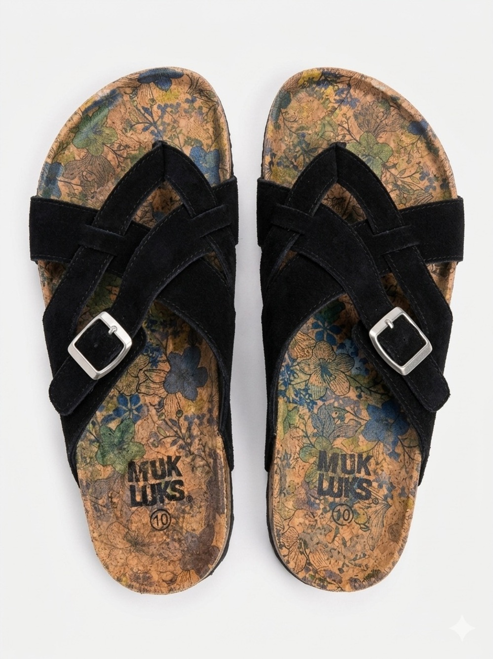 Muk Luks Kids Black Suede Buckle Slide Sandals with Floral Footbed